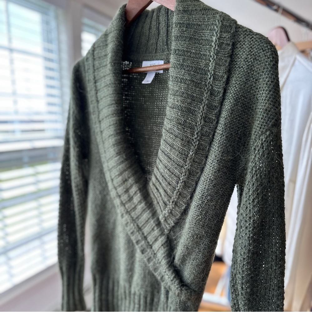LOFT wrap sweater with shawl collar, long sleeves, fitted, wool & alpaca blend